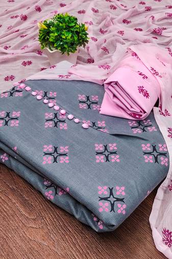 Manvaa women's grey unstitched printed slub cotton dressaterial 
