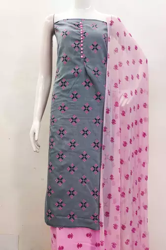 Manvaa women's grey printed slub cotton dressaterial