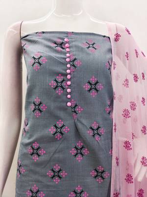 Manvaa women's grey printed slub cotton dressaterial 5