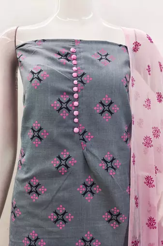 Manvaa women's grey printed slub cotton dressaterial