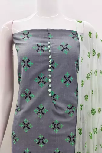 Manvaa women's grey printed slub cotton dressaterial