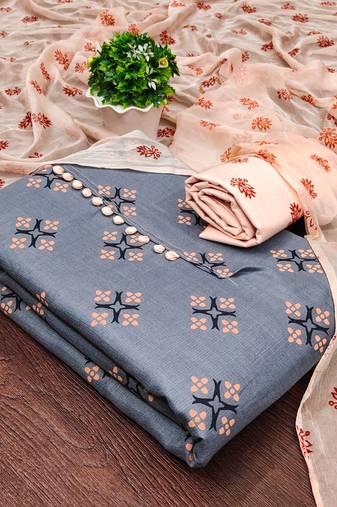 Manvaa women's grey unstitched printed slub cotton dressaterial 