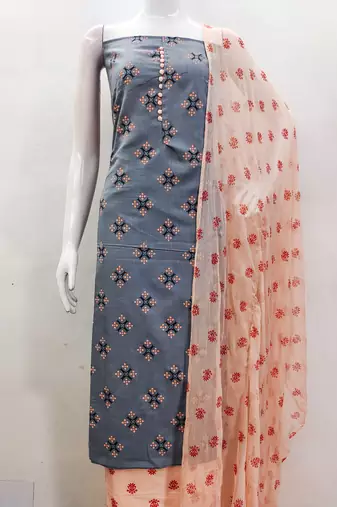 Manvaa women's grey printed slub cotton dressaterial