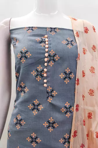 Manvaa women's grey printed slub cotton dressaterial