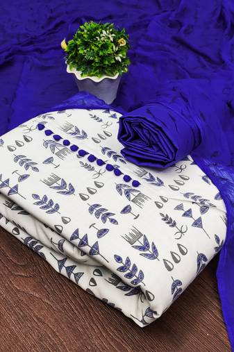 Manvaa women's cream unstitched printed slub cotton dressaterial 