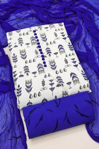 Manvaa women's cream printed slub cotton dressaterial