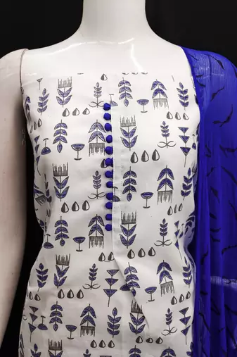 Manvaa women's cream printed slub cotton dressaterial