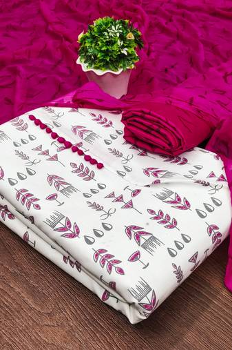 Manvaa women's cream unstitched printed slub cotton dressaterial 