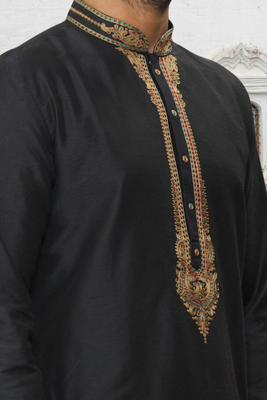 Black art silk embroidered kurta churidar for men's indian traditional ethnic wear 4