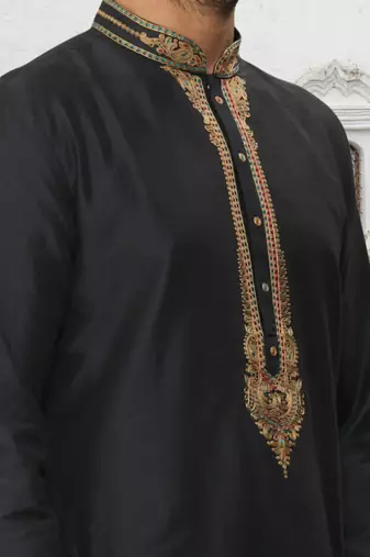 Black art silk embroidered kurta churidar for men's indian traditional ethnic wear