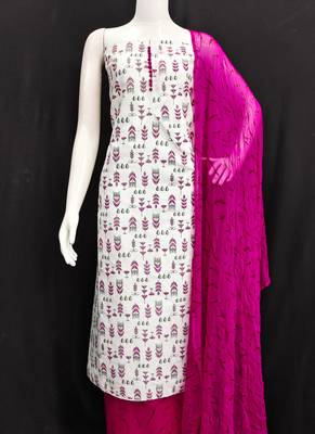 Manvaa women's cream printed slub cotton dressaterial 2