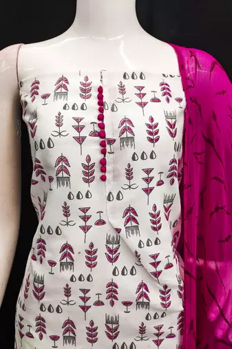 Manvaa women's cream printed slub cotton dressaterial