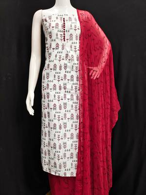 Manvaa women's cream printed slub cotton dressaterial 2