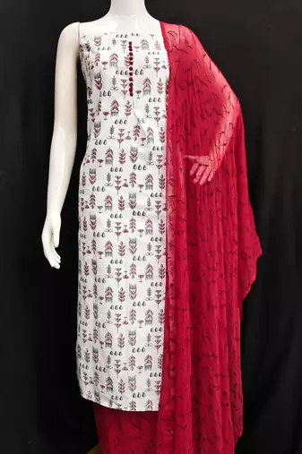 Manvaa women's cream printed slub cotton dressaterial