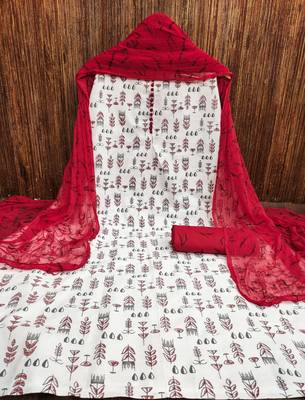 Manvaa women's cream printed slub cotton dressaterial 3