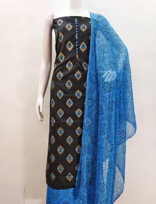Manvaa women's black printed slub cotton dressaterial 2