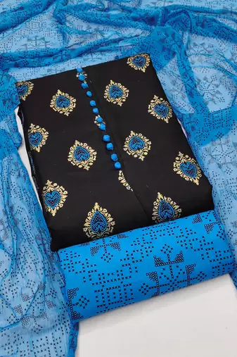 Manvaa women's black printed slub cotton dressaterial
