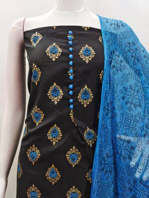 Manvaa women's black printed slub cotton dressaterial 5