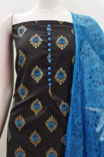 Manvaa women's black printed slub cotton dressaterial