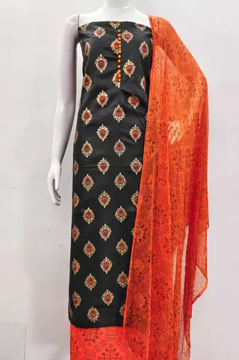 Manvaa women's black printed slub cotton dressaterial