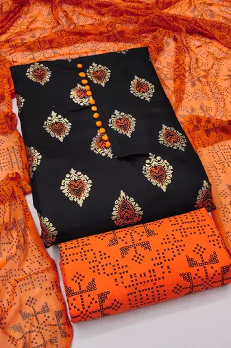Manvaa women's black printed slub cotton dressaterial