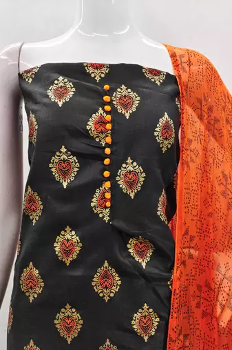 Manvaa women's black printed slub cotton dressaterial