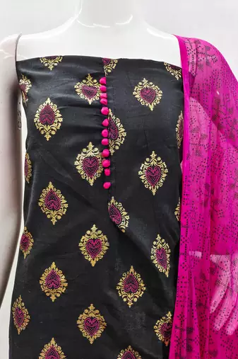 Manvaa women's black printed slub cotton dressaterial