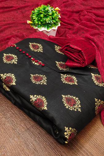 Manvaa women's black unstitched printed slub cotton dressaterial 