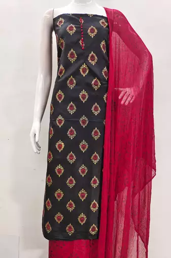 Manvaa women's black printed slub cotton dressaterial