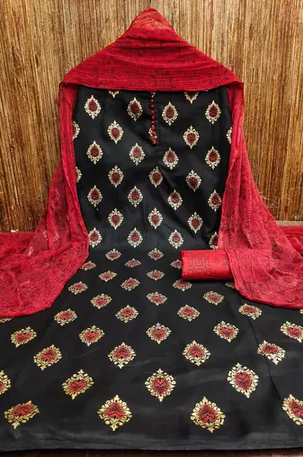 Manvaa women's black printed slub cotton dressaterial