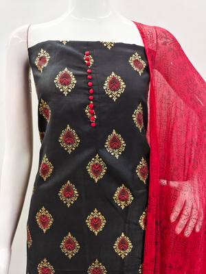 Manvaa women's black printed slub cotton dressaterial 5