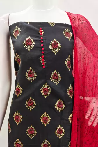 Manvaa women's black printed slub cotton dressaterial
