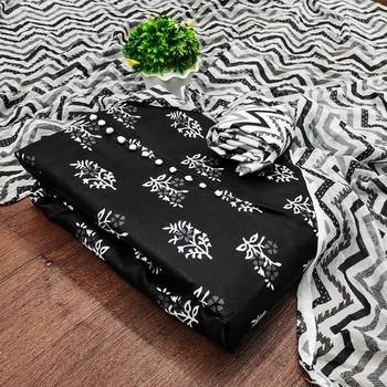 Manvaa women's black printed slub cotton dressaterial 1