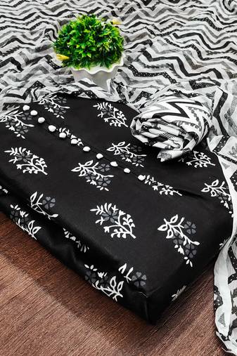 Manvaa women's black unstitched printed slub cotton dressaterial (gngr50090blk)