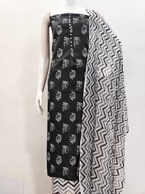 Manvaa women's black printed slub cotton dressaterial 2