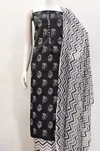 Manvaa women's black printed slub cotton dressaterial