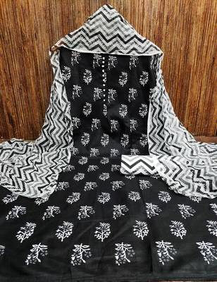Manvaa women's black printed slub cotton dressaterial 3