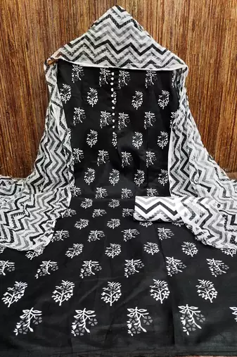 Manvaa women's black printed slub cotton dressaterial