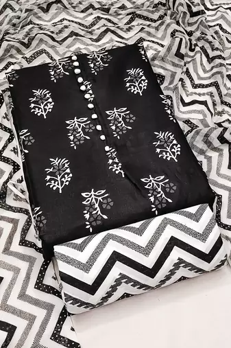 Manvaa women's black printed slub cotton dressaterial