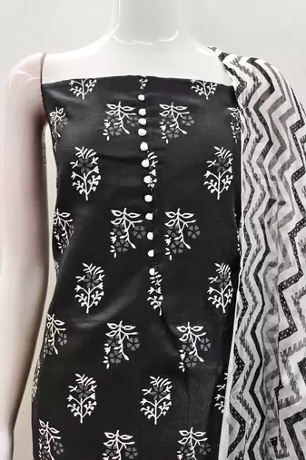 Manvaa women's black printed slub cotton dressaterial