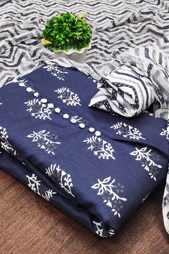 Manvaa women's navy blue unstitched printed slub cotton dressaterial 