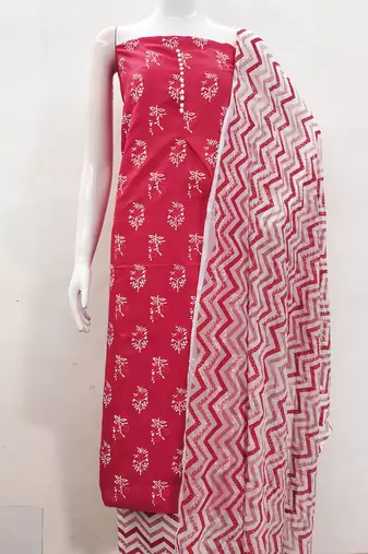 Manvaa women's pink printed slub cotton dressaterial