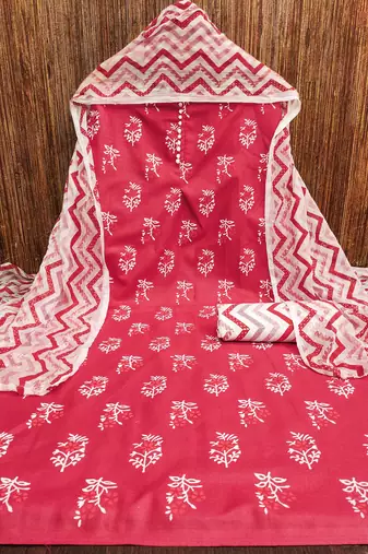 Manvaa women's pink printed slub cotton dressaterial
