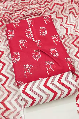 Manvaa women's pink printed slub cotton dressaterial