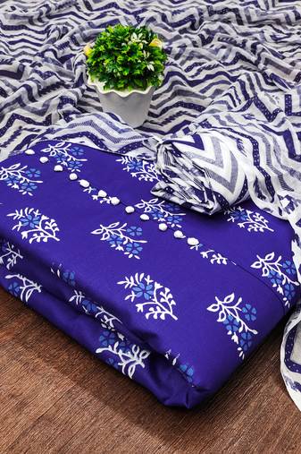 Manvaa women's royal blue unstitched printed slub cotton dressaterial 