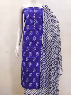 Manvaa women's royal blue printed slub cotton dressaterial 2