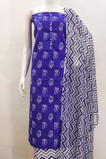 Manvaa women's royal blue printed slub cotton dressaterial