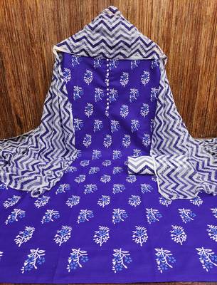 Manvaa women's royal blue printed slub cotton dressaterial 3