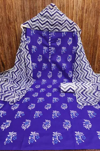 Manvaa women's royal blue printed slub cotton dressaterial