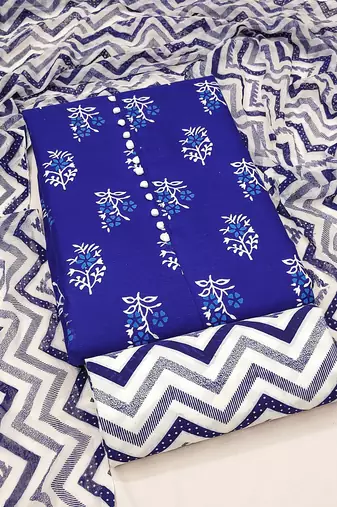 Manvaa women's royal blue printed slub cotton dressaterial